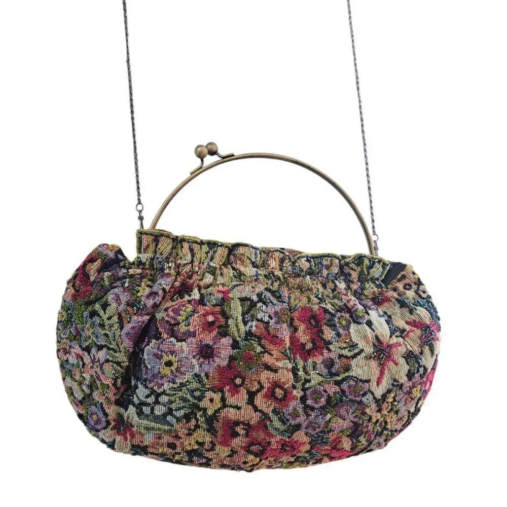 Women's Vintage Tapestry Beaded Floral Multi Color Bag Purse Kiss Lock